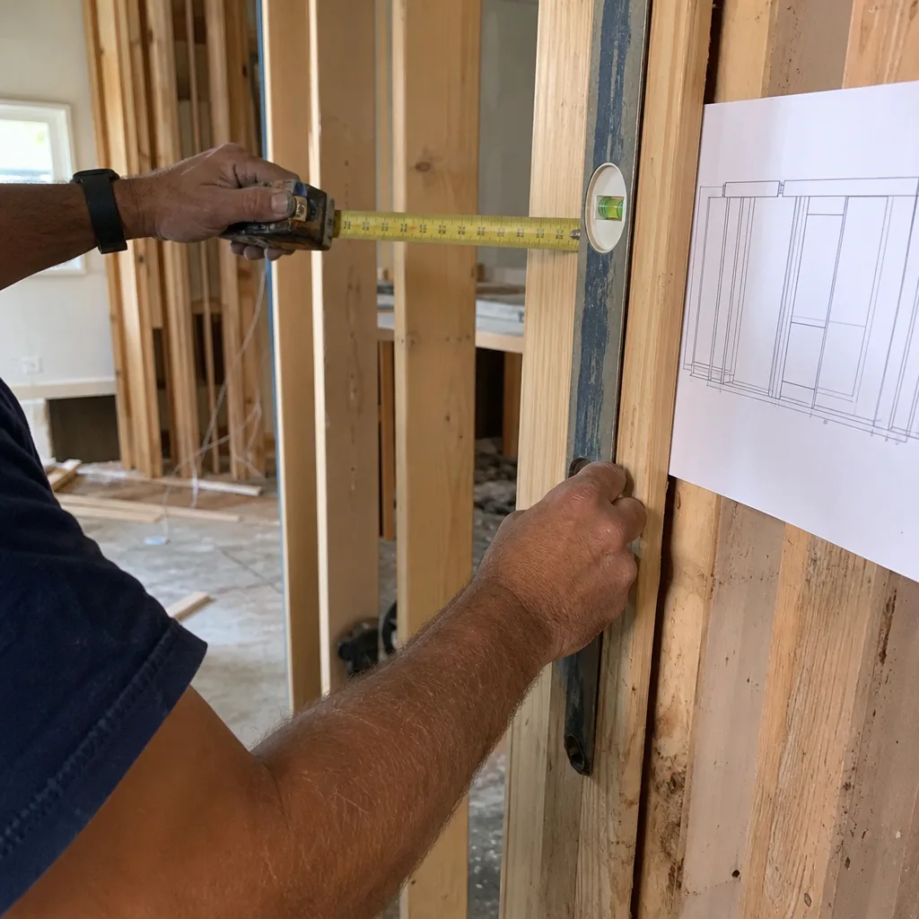 General contractor measuring wooden door frame with a level and tape measure