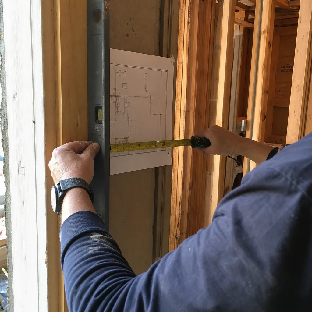General contractor measuring framing layout with level and tape measure
