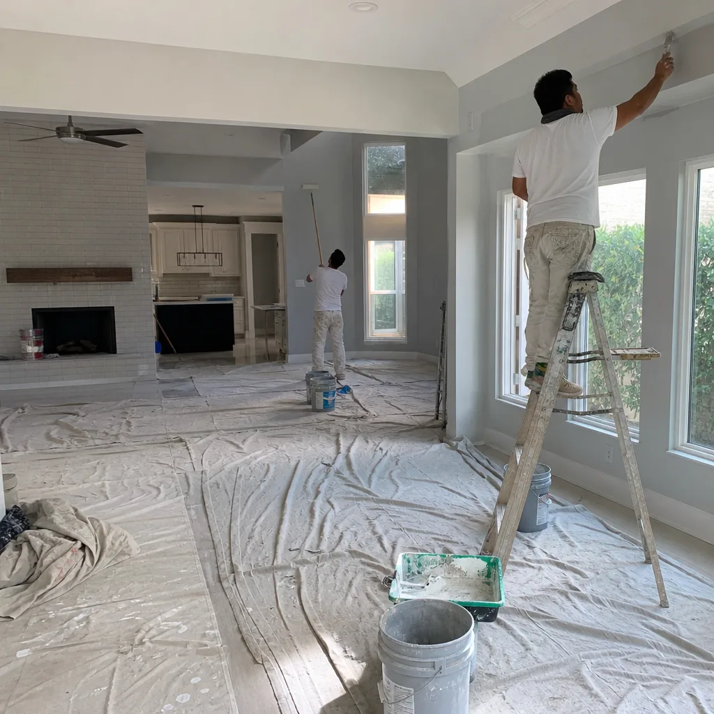 Professional painters applying paint to walls during a home remodeling project
