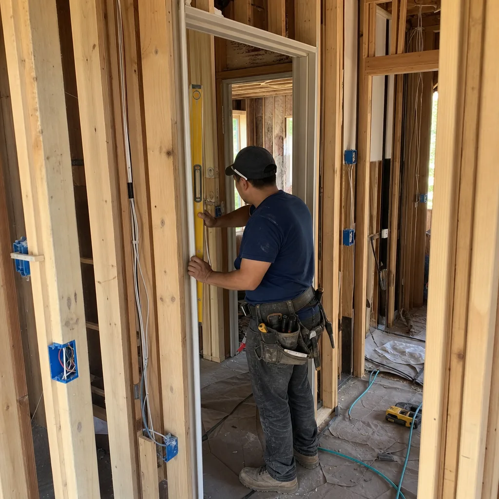 Contractor using a level to install a door frame in home remodel