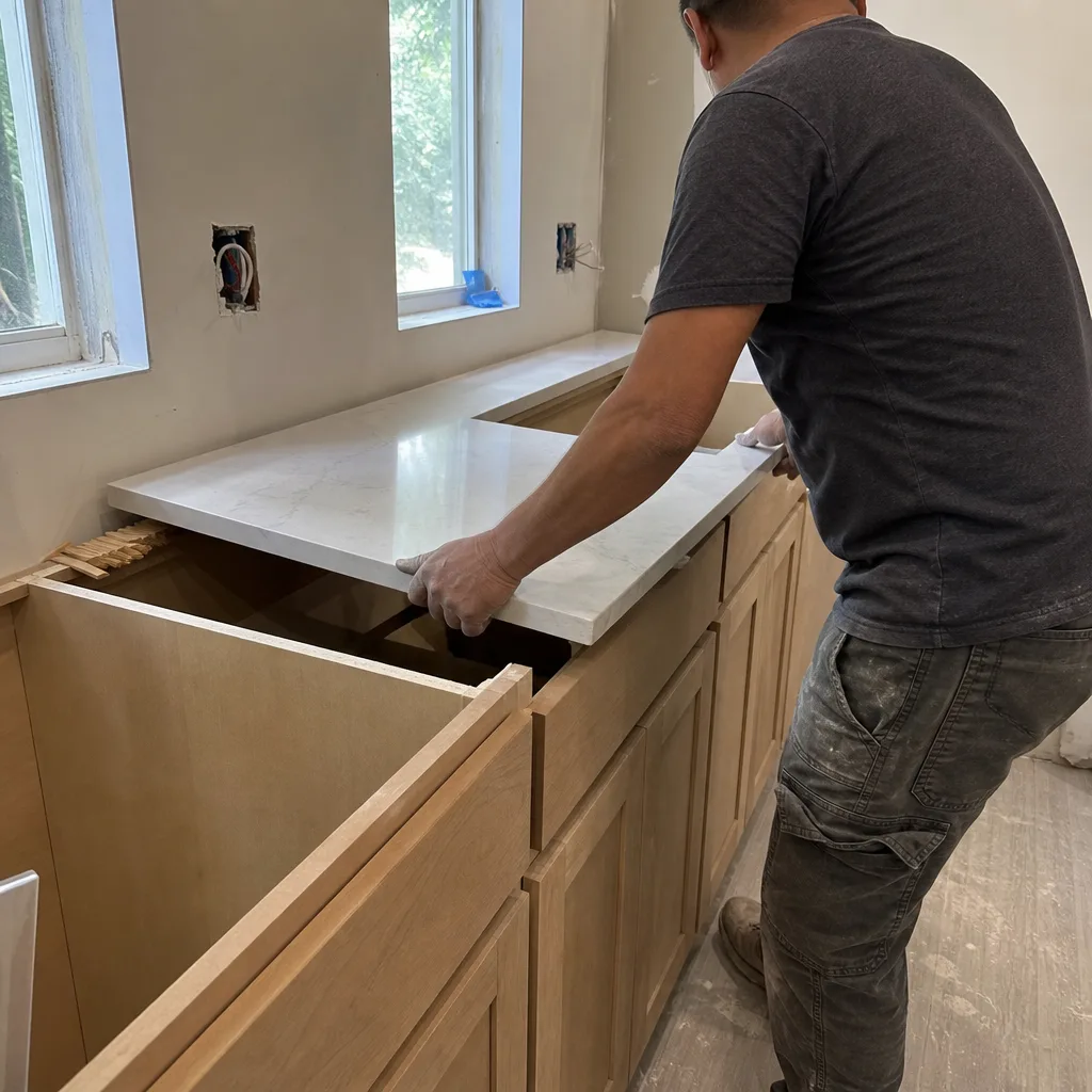 Professional contractor installing kitchen countertop on new wooden cabinets