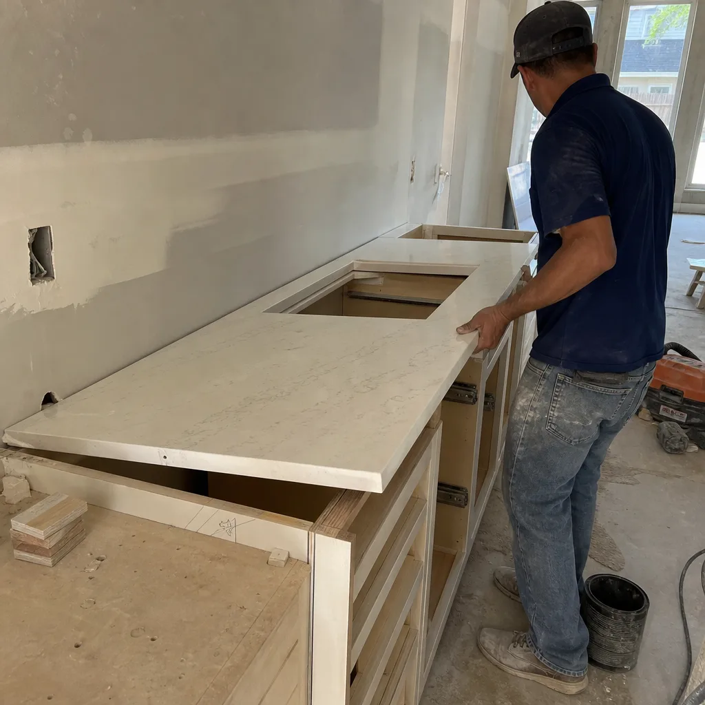 Professional contractor installing a new quartz kitchen countertop on unfinished cabinets