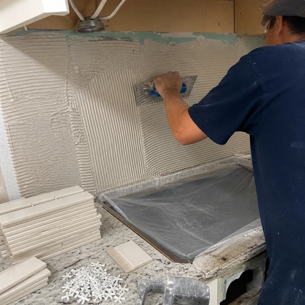 Contractor applying mortar for kitchen backsplash tile installation