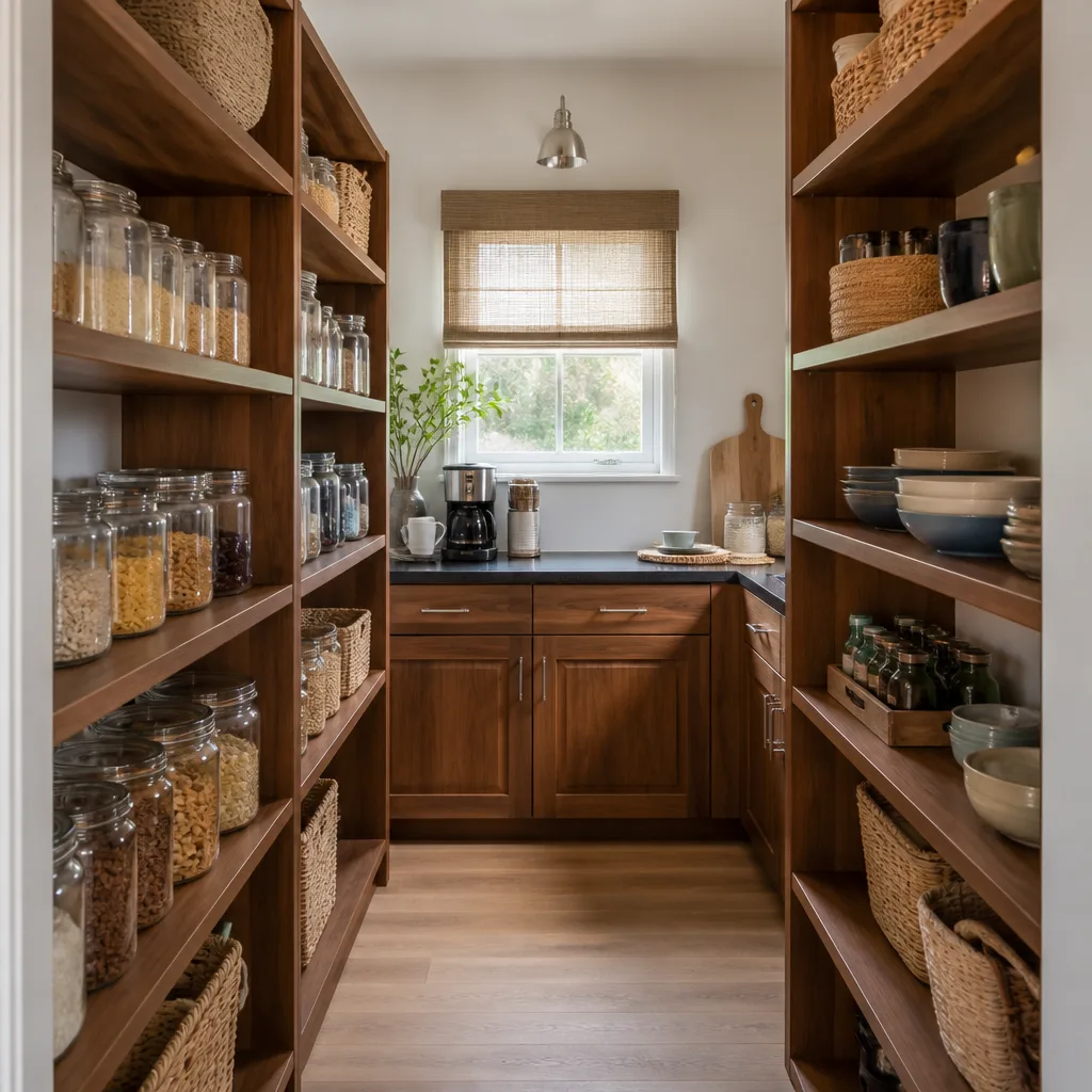 A walk-in pantry with wood shelving