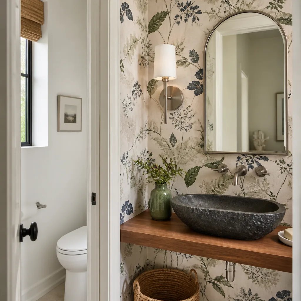 A powder room with botanical wallpaper and a stone sink