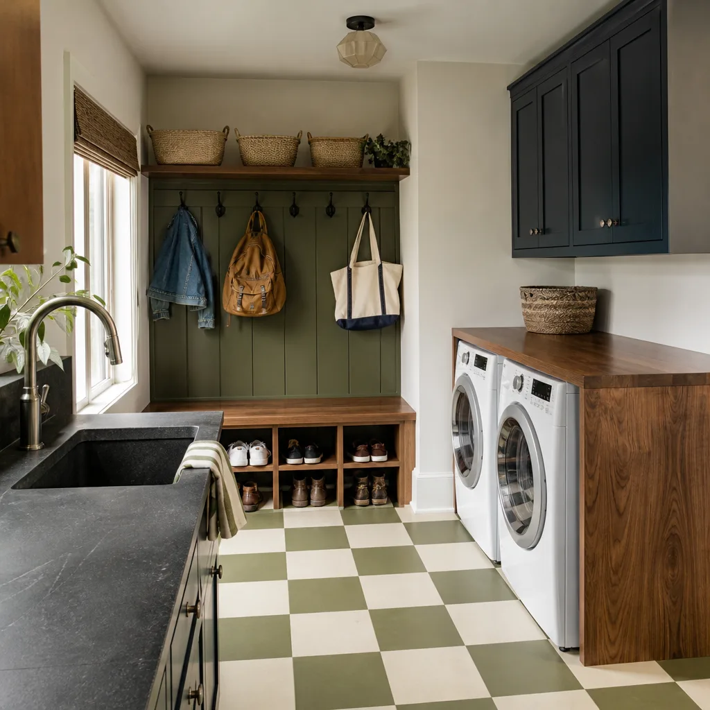 A remodeled laundry and mudroom with a bench, cubbies and painted cabinets
