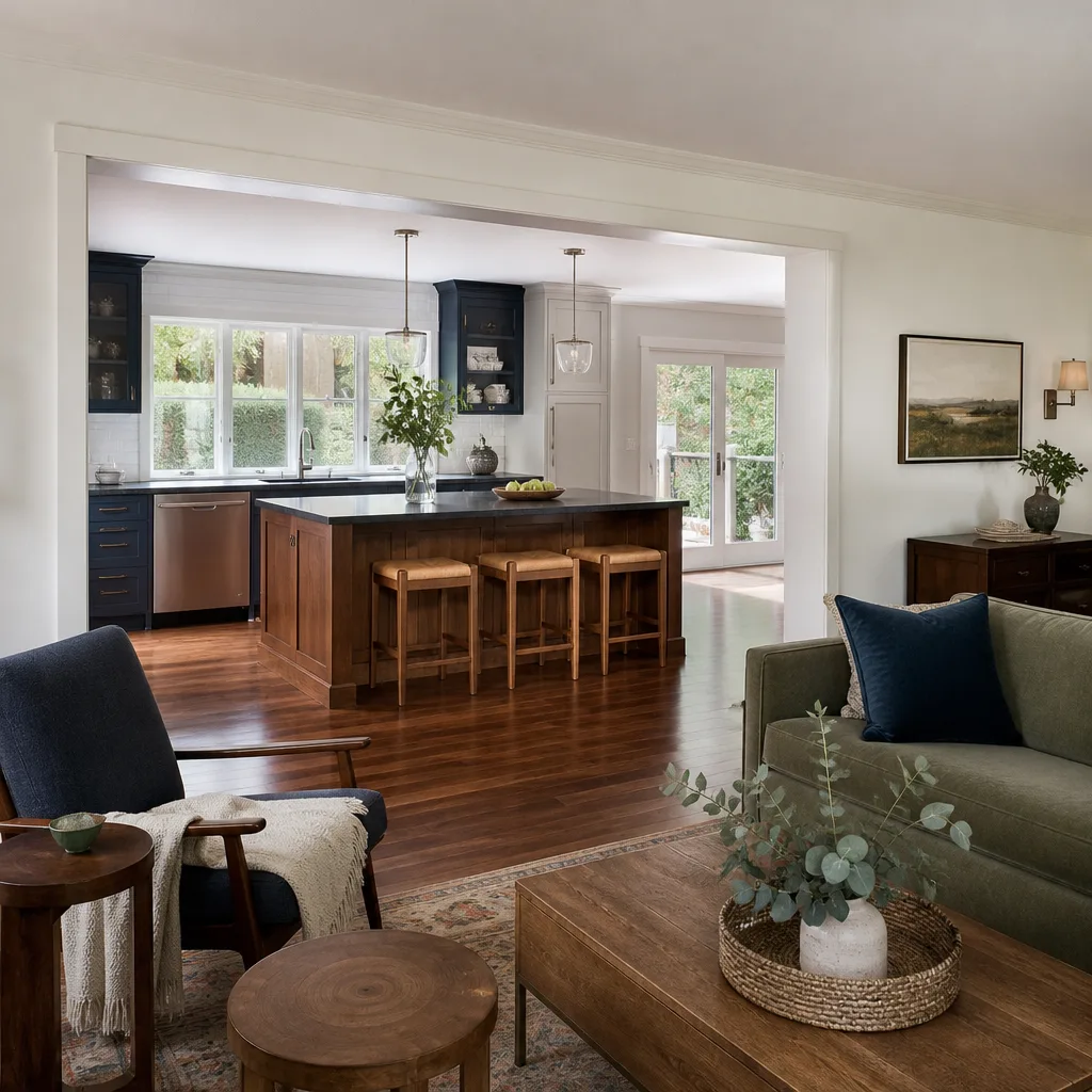 A wide opening with a new beam where the kitchen wall was removed