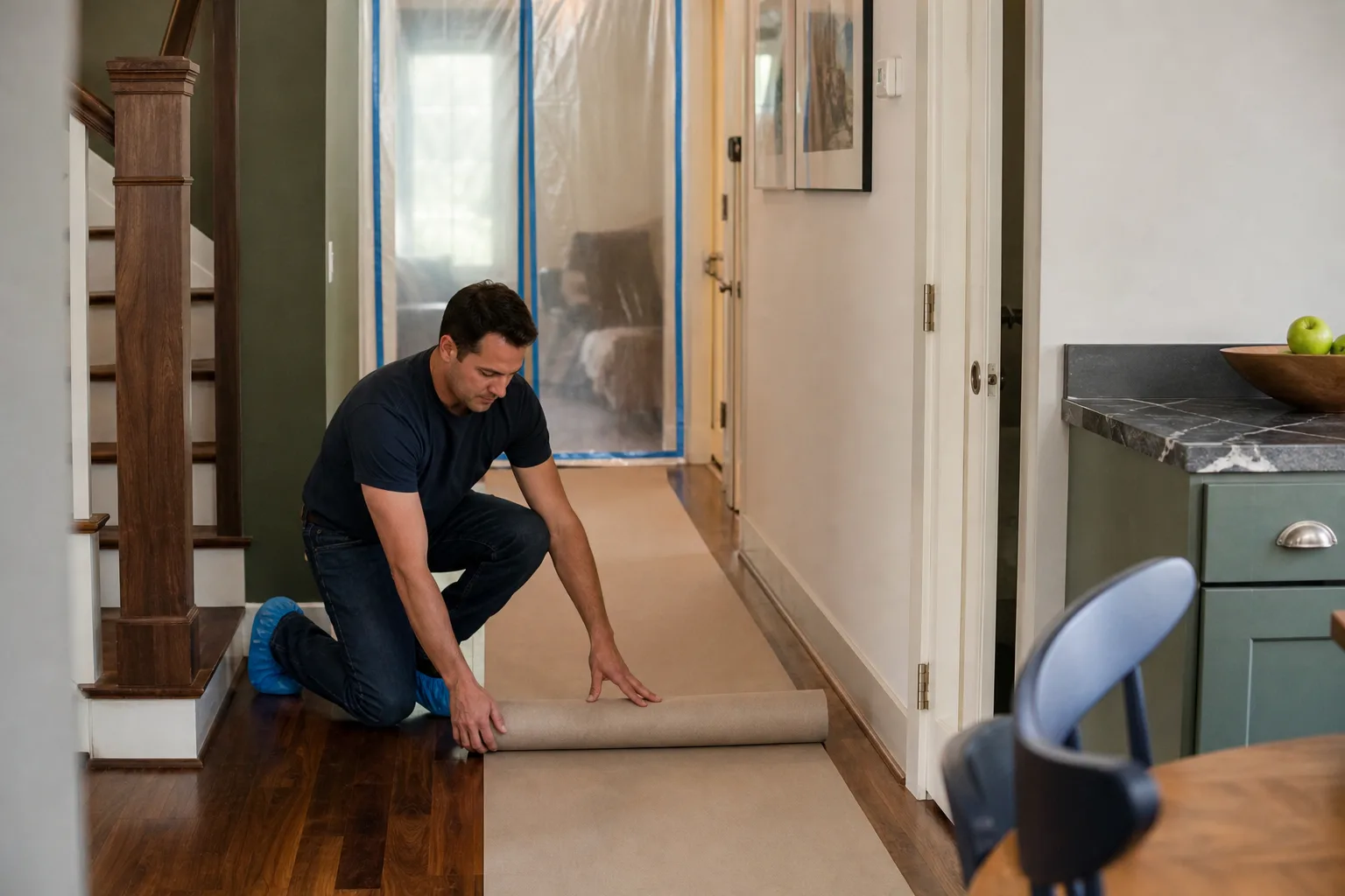 A worker laying floor protection and a dust barrier before work starts